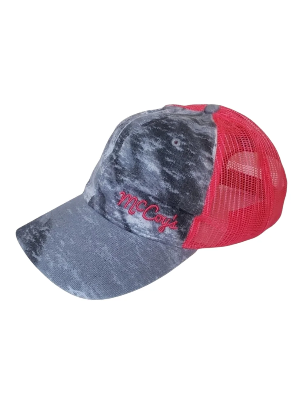 McCoy's Building Supply Pink & Gray Acid Wash Distressed Trucker Hat Neon Mesh